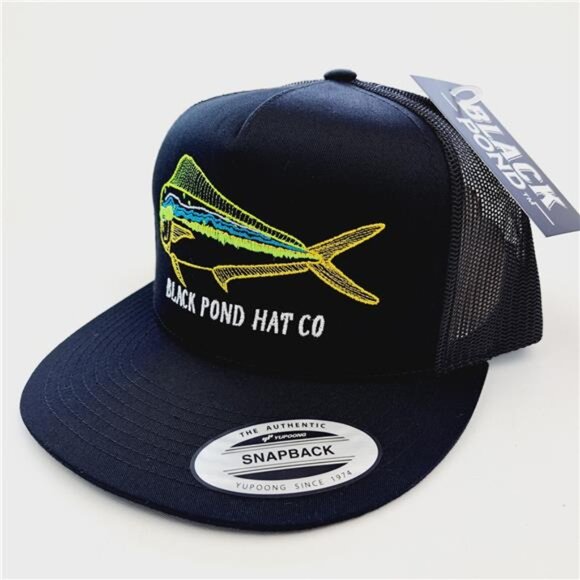 Black Pond Mahi Dolphin Dorado Fish Flat Bill Mesh Snapback Embroidered Cap Hat